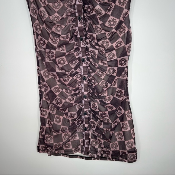 Urban Outfitters Riko Mesh Button Front Mini Dress Ruched Floral Bodycon XS - Picture 8 of 13